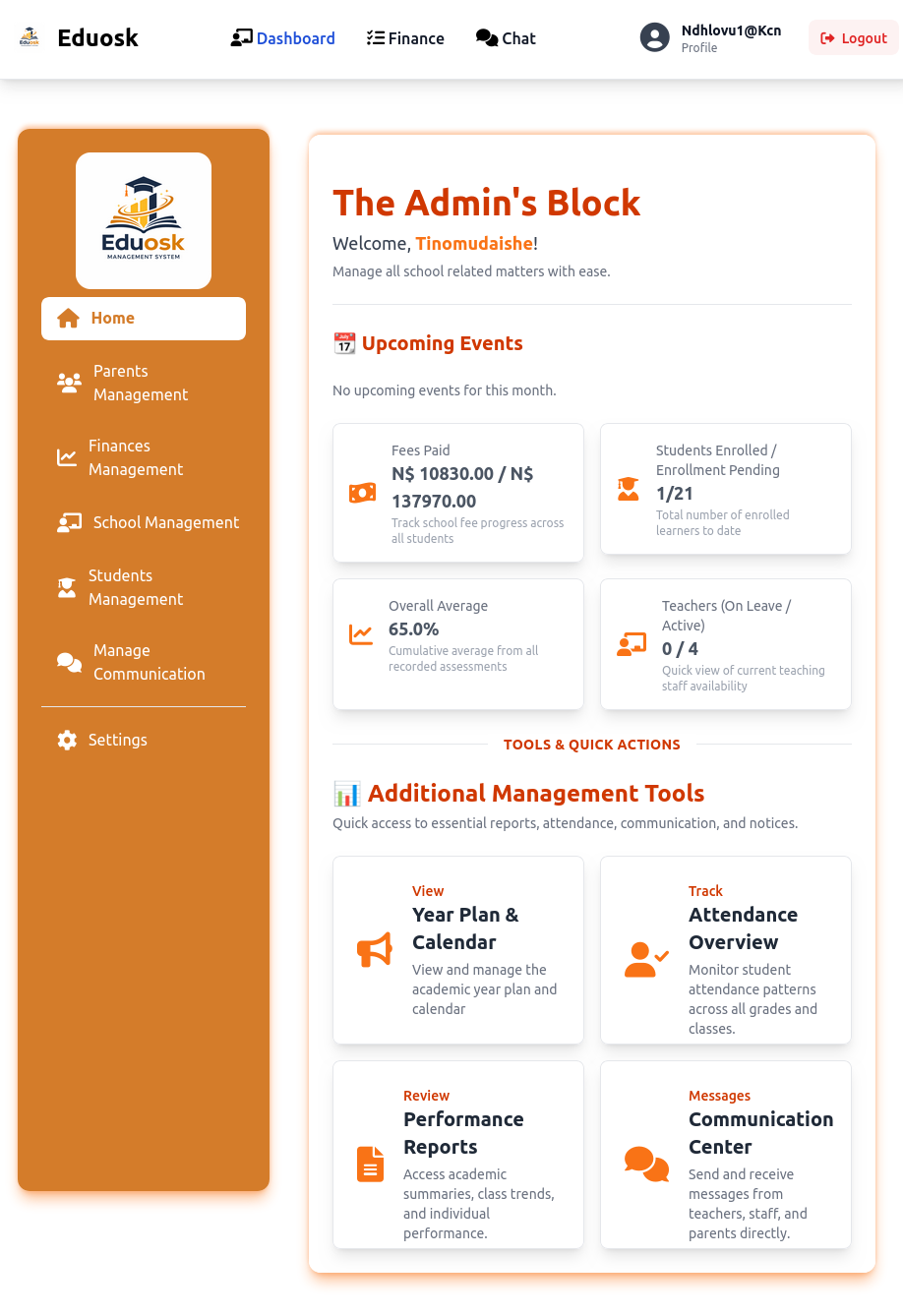 Eduosk Admin Dashboard showing applications, invoices, and school analytics