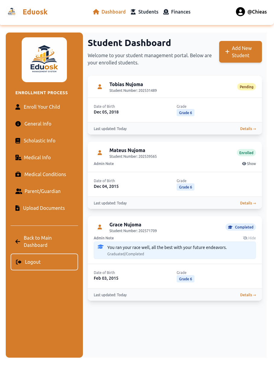 Eduosk Parent Dashboard showing child management, upcoming events, and performance tracking